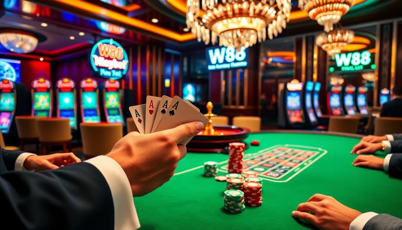 Experience a thrilling game at the luxurious casino with W88 link showcased prominently.