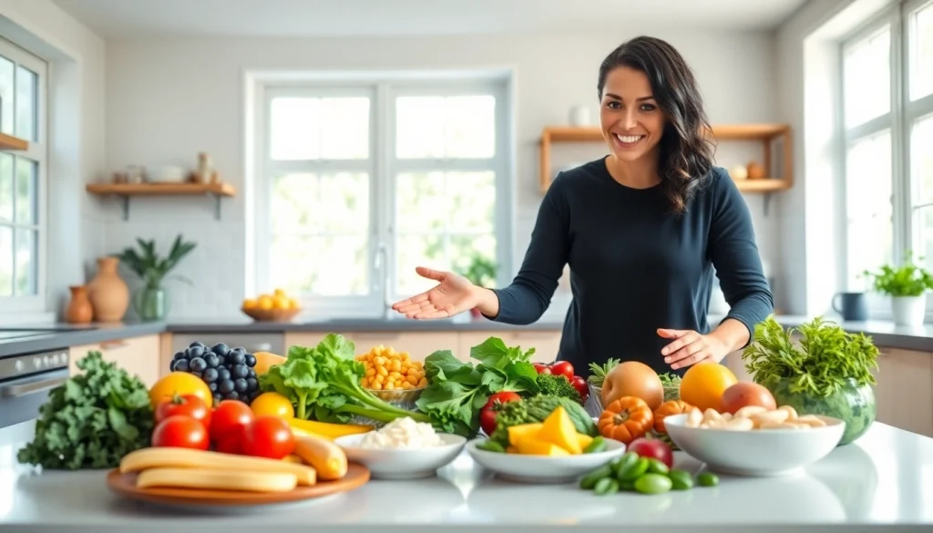 Illustration of intermittent fasting with healthy meals on a table in a bright kitchen.