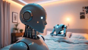 AI sex robot in an intimate bedroom, illustrating innovation in companionship.