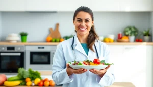 Nutritionist explaining intermittent fasting with healthy meals in a bright kitchen.