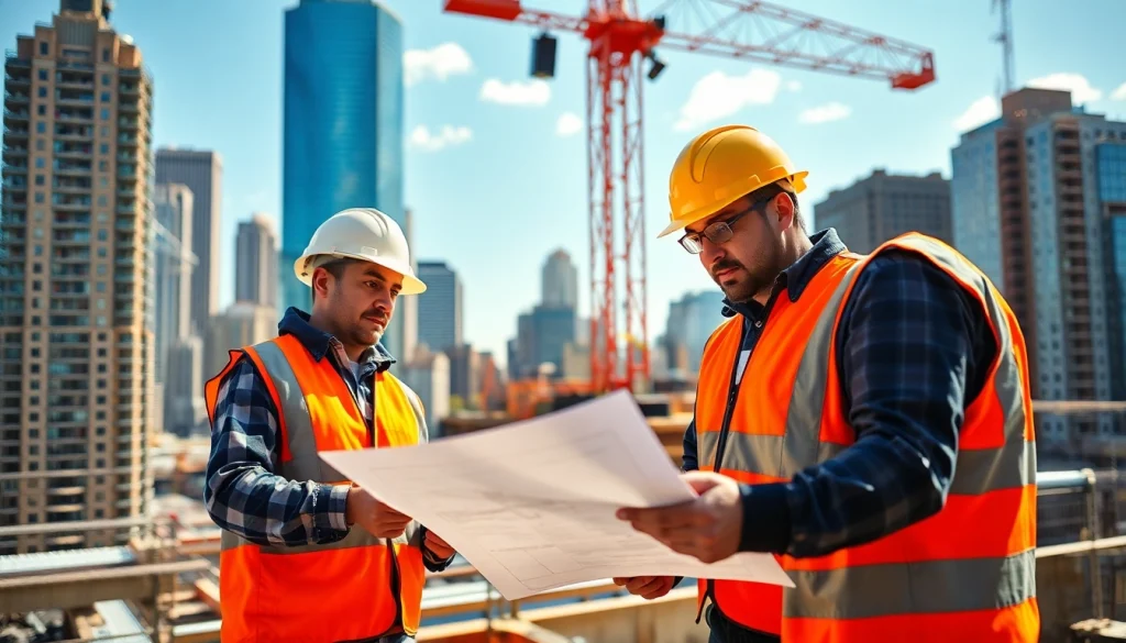 Dynamic construction site led by a New York Commercial General Contractor featuring collaborative team efforts.