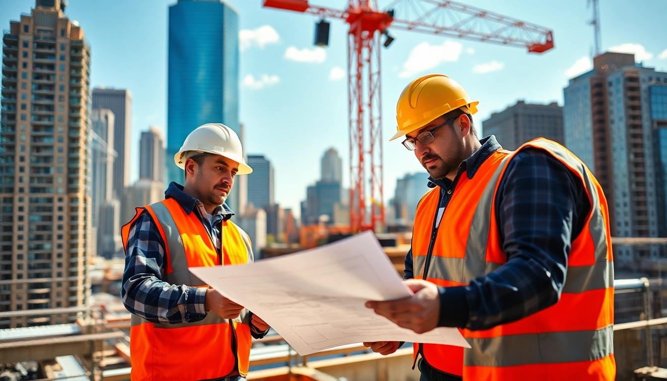 Dynamic construction site led by a New York Commercial General Contractor featuring collaborative team efforts.