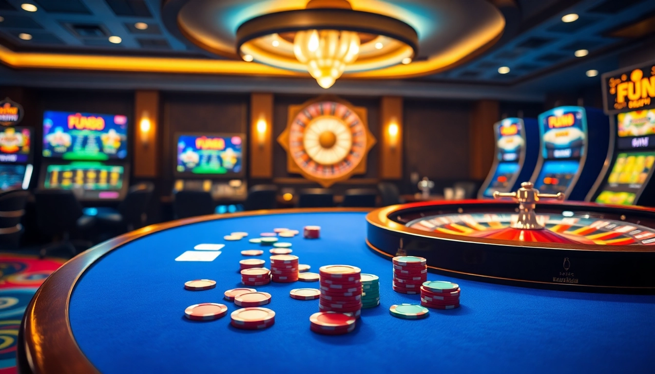 Experience the thrill of gambling with the Fun88 link interface at a luxurious casino setting.