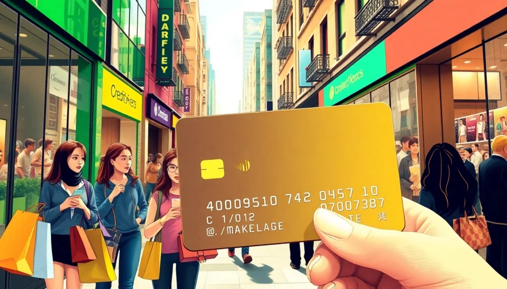 카드깡과 관련된 금융 거래 상황을 묘사한 생동감 있는 도시 거리 풍경