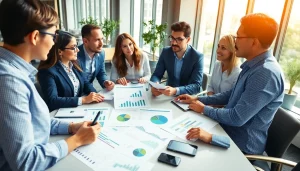 Team discussing competitive intelligence strategies in a bright corporate setting, promoting insights and collaboration.