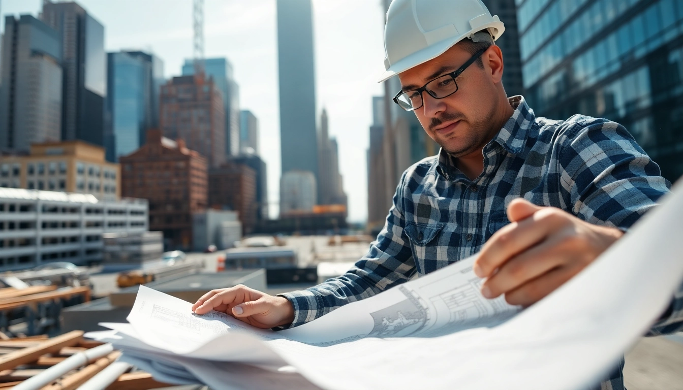 New York City General Contractor actively working on blueprints at a vibrant construction site.