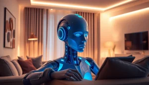 Engaging interface depicting ai sex interaction with a human-like AI assistant in a modern setting