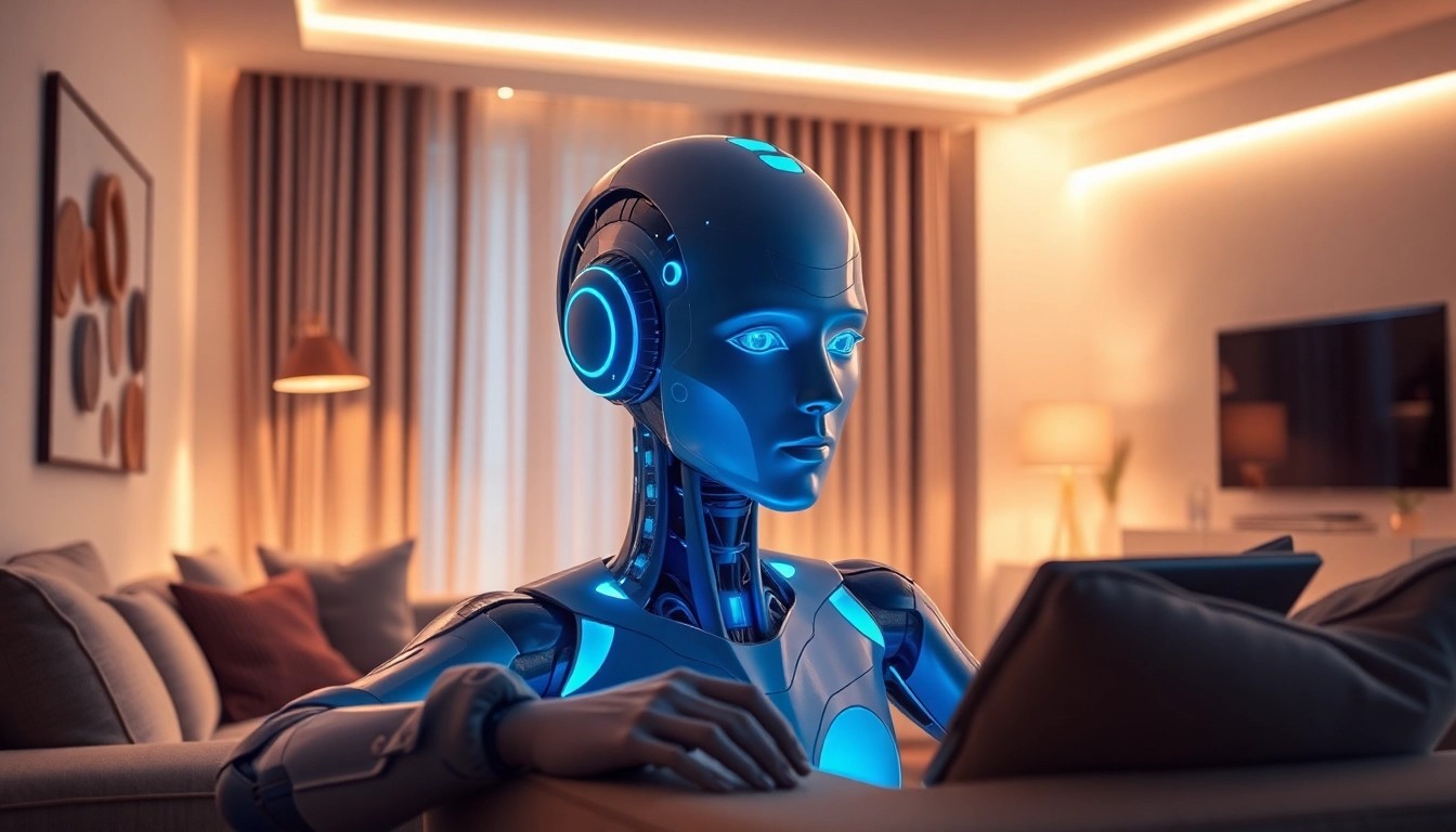 Engaging interface depicting ai sex interaction with a human-like AI assistant in a modern setting