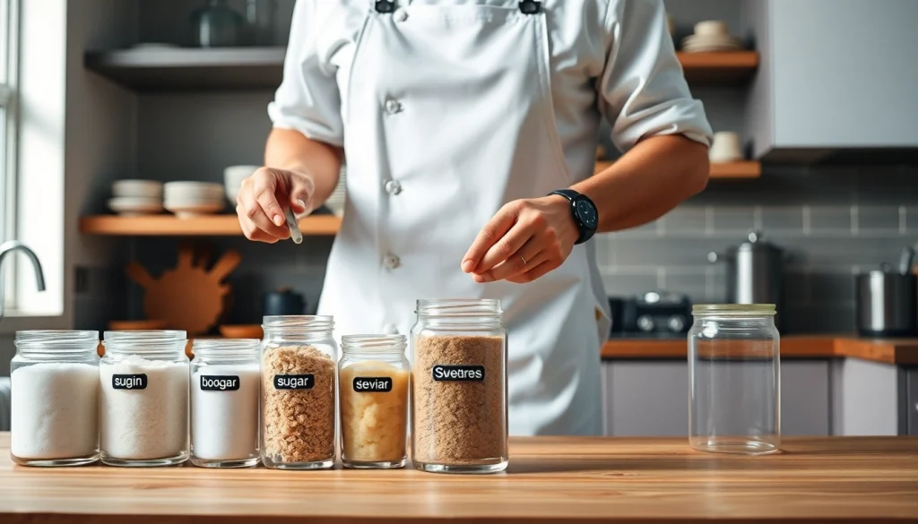 Chef measuring bulk sweetener in a modern kitchen, emphasizing variety and freshness.