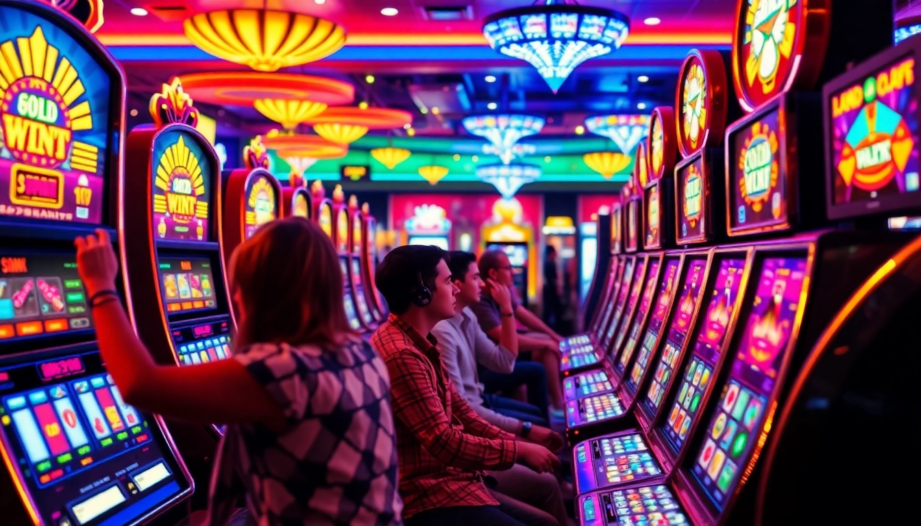 Menggambarkan Istana777 Situs dengan pemain slot yang bersemangat dan lampu berwarna-warni.