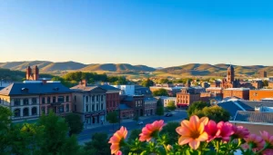 Discover panoramic skyline of Clarksburg at sunrise, showcasing vibrant architecture.
