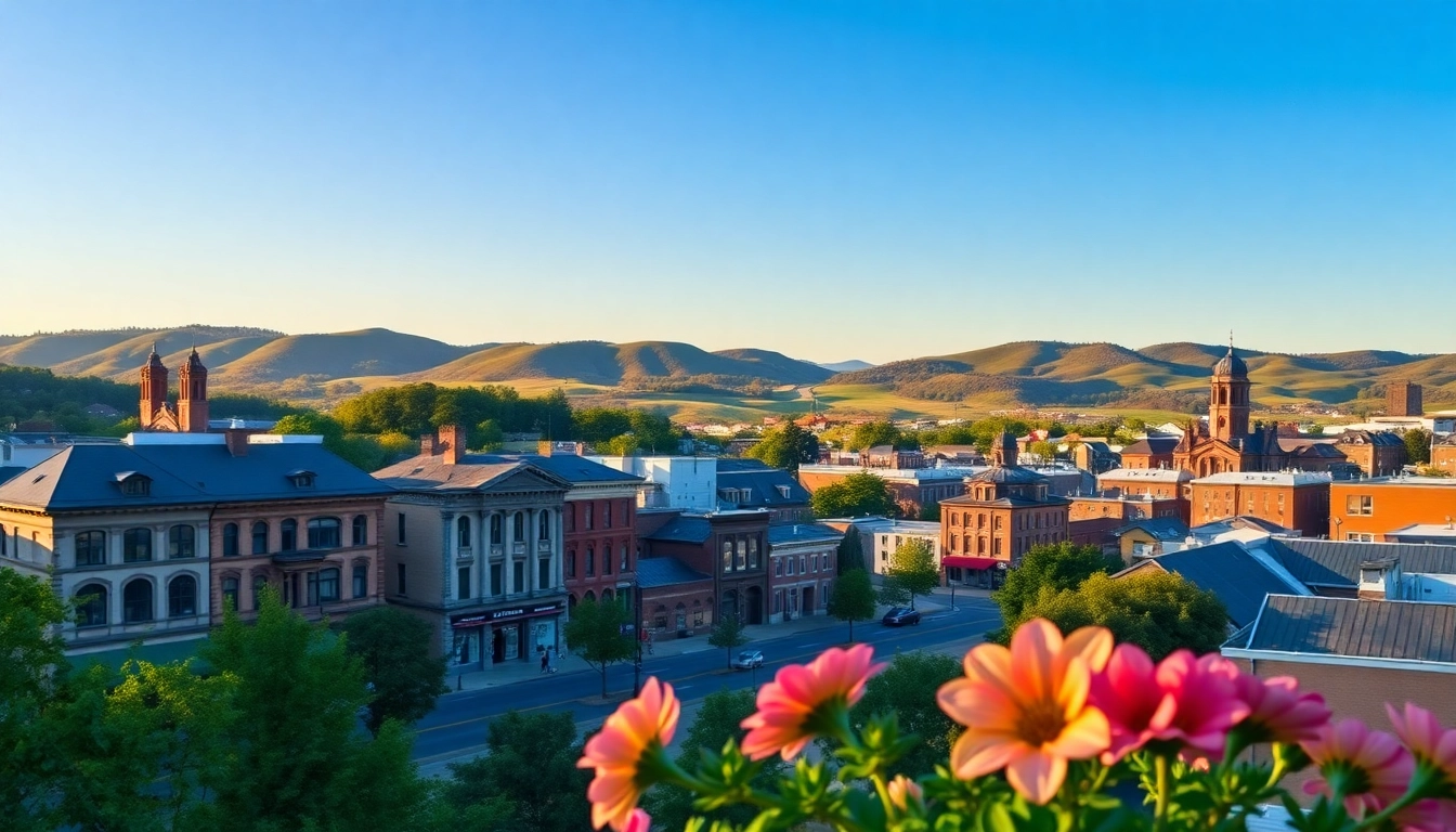 Discover panoramic skyline of Clarksburg at sunrise, showcasing vibrant architecture.