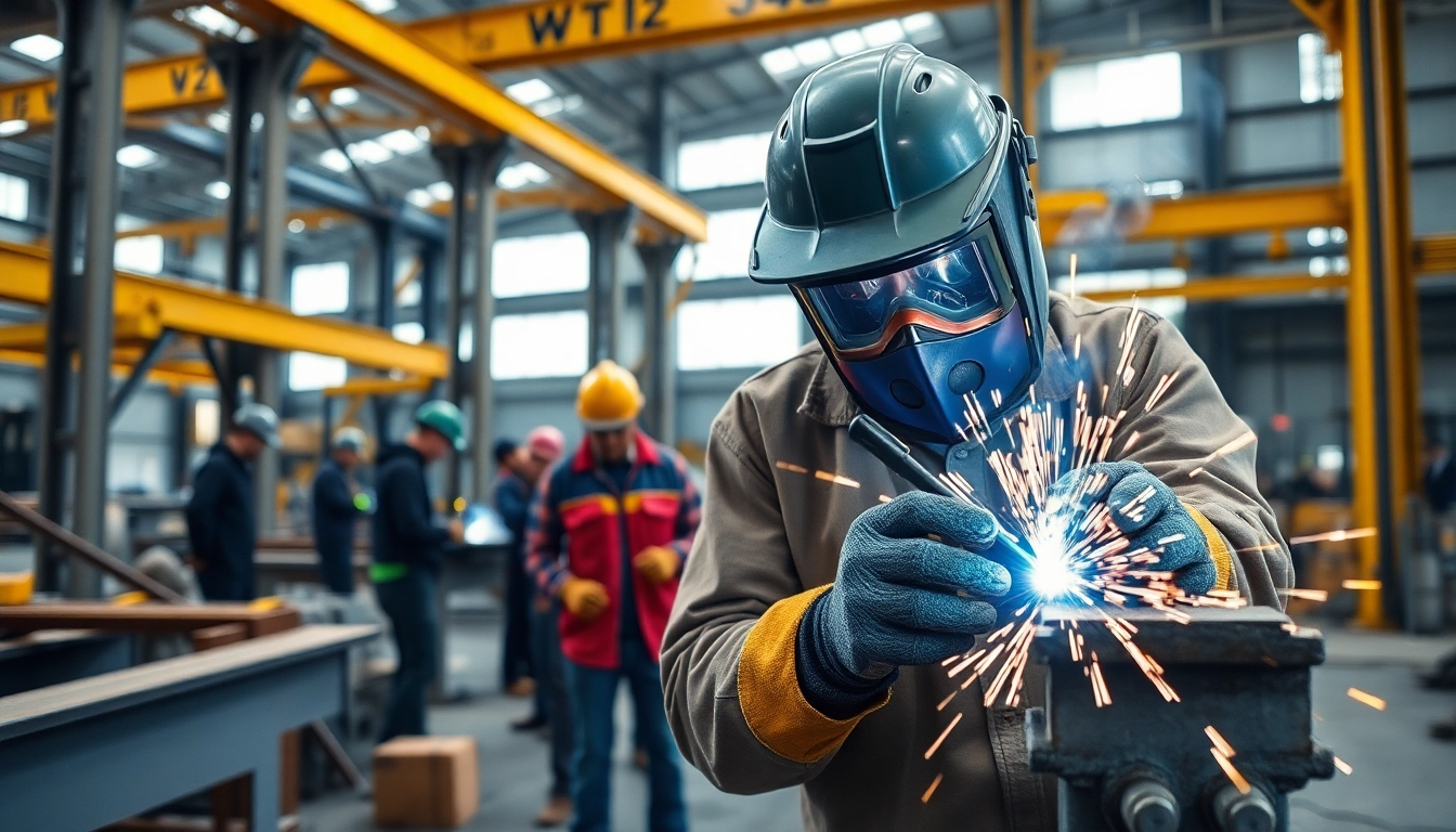 Welders performing structural steel welding with precision in an industrial setting.
