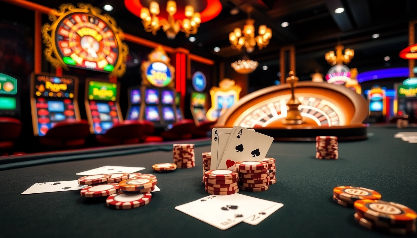XSMB247 players engaging at a vibrant casino poker table with professional cards and chips