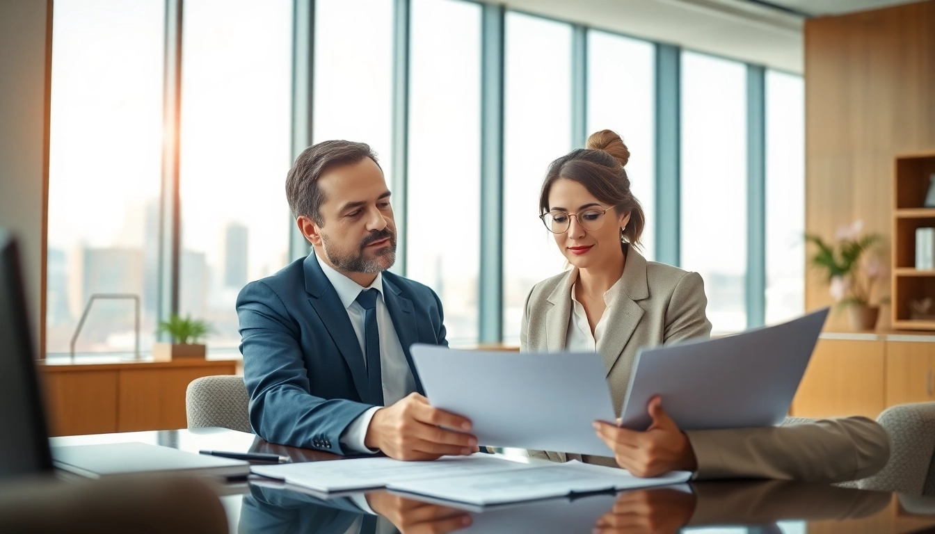 Real estate lawyer advising clients in a modern office, illustrating professionalism and expertise.