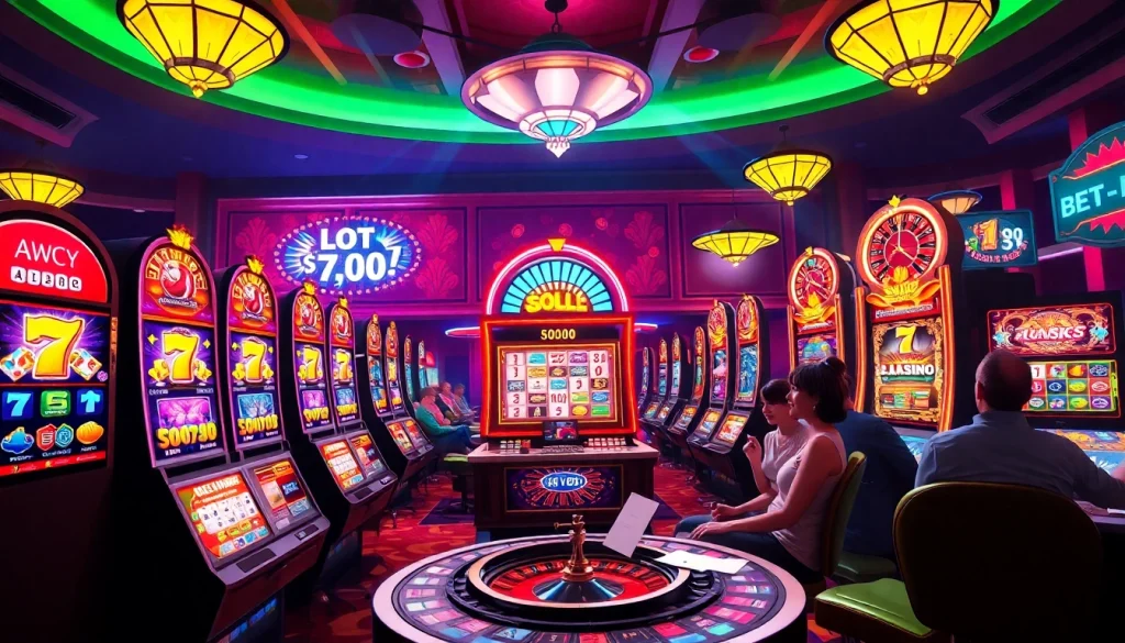 Permainan yang mendebarkan di kasino slot online Depo 1K yang meriah, menampilkan mesin dinamis dan aksi yang imersif.