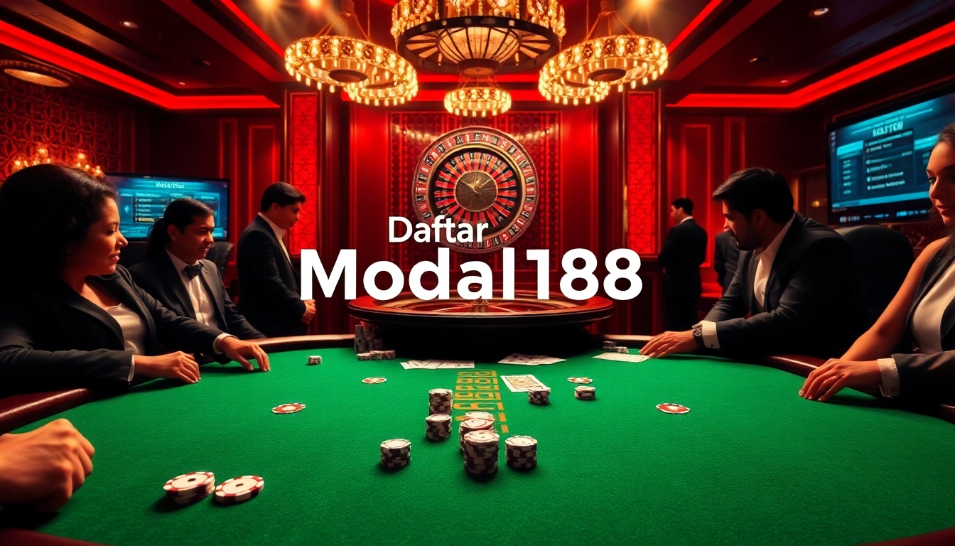 Players enjoying poker and excitement at a luxurious casino, highlighting Daftar Modal138.