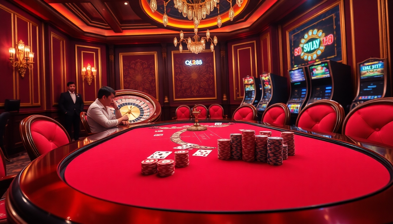 Engaged players strategizing at a QQ88 poker table surrounded by excitement and luxury.