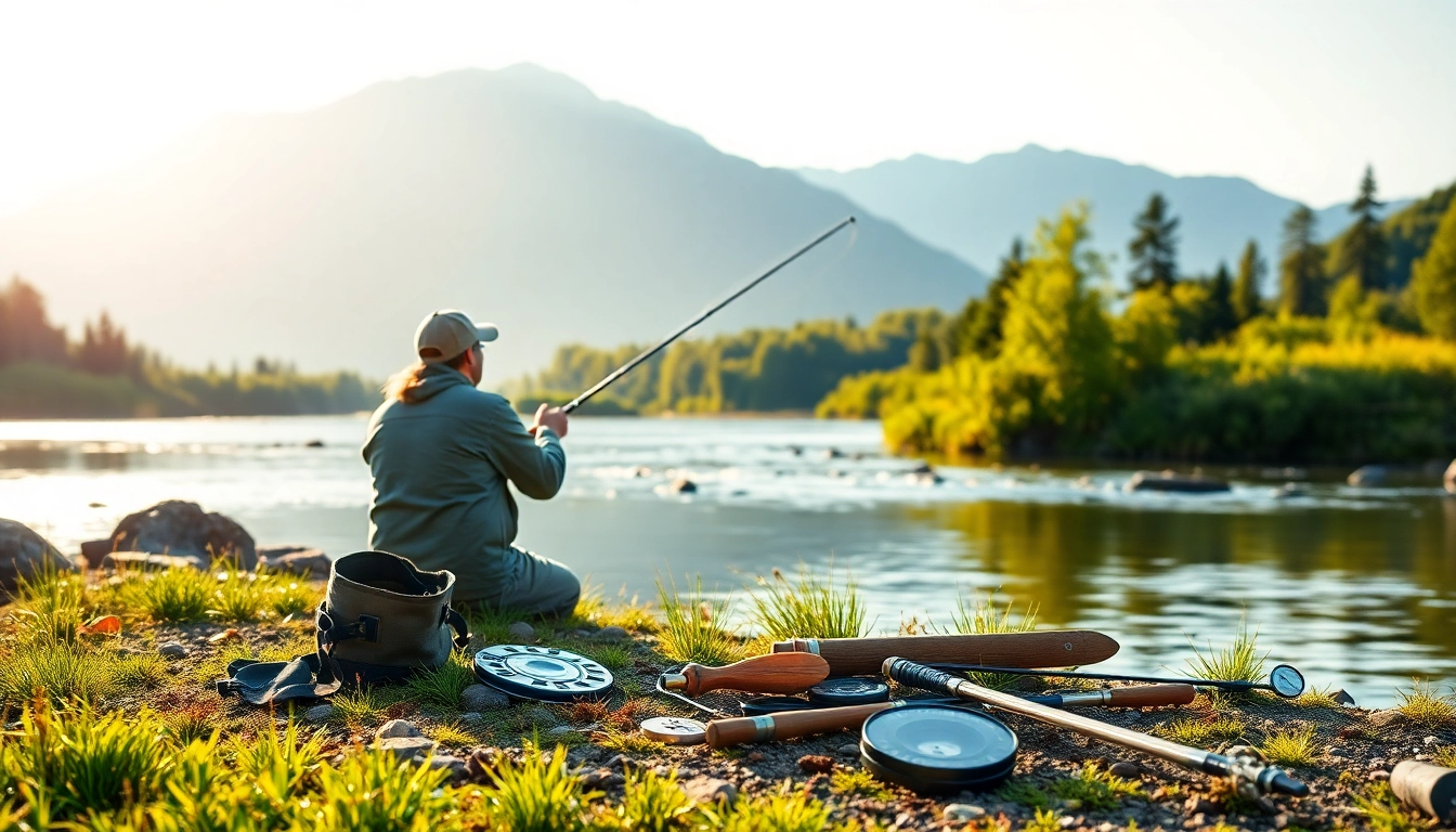 Showcasing the Fly fishing kit beside a beginner angler casting a line in a serene river environment.