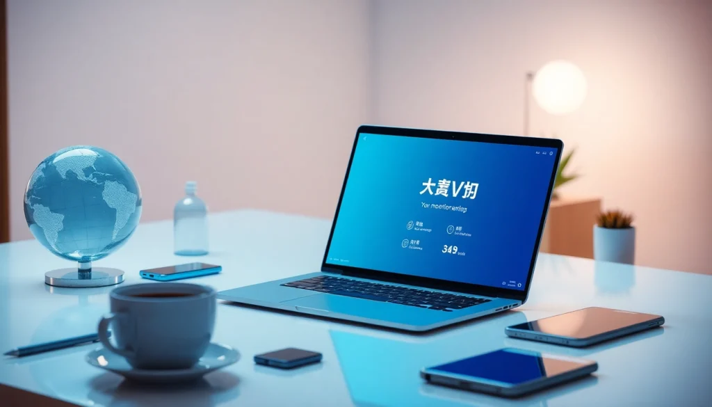 展示快连官网的视觉呈现，现代化工作区、VPN 连接与高科技设备。