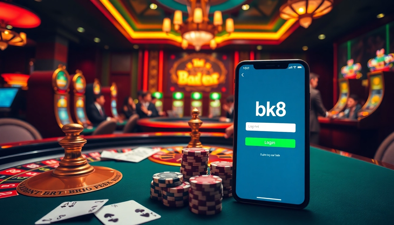 Experience seamless bk8 login at an upscale casino table bustling with energy and vibrant colors.