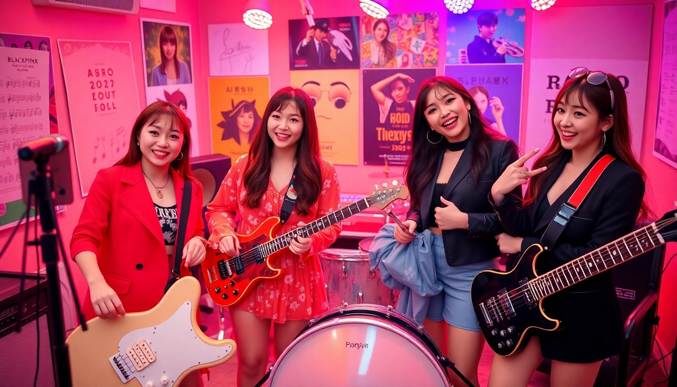 Blackpink members Jisoo, Jennie, Rosé, and Lisa showcasing their unique styles in a vibrant music studio.