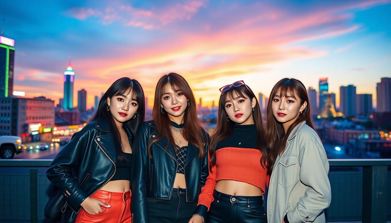 Four blackpink members Jisoo, Jennie, Rosé, and Lisa posing stylishly in an urban setting.