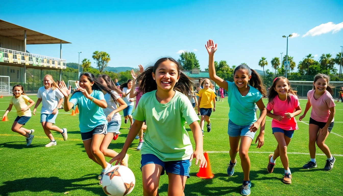 Girls enjoying Multi Sports Camps for Girls, practicing soccer, basketball, and tennis in a vibrant outdoor setting.