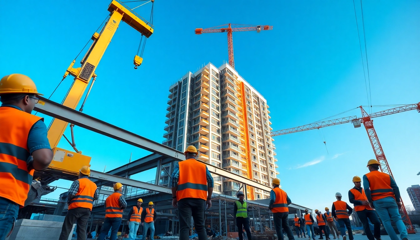 Austin construction site with diverse workers and a crane lifting beams in action.