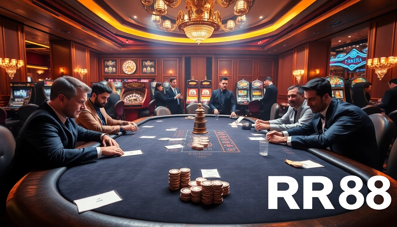 RR88 highlights an elegant casino scene with poker chips, tables, and vibrant slot machines.