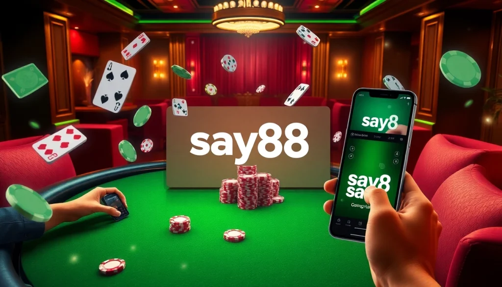 Exciting online gambling interface featuring say88 with intense poker action and vibrant digital graphics.