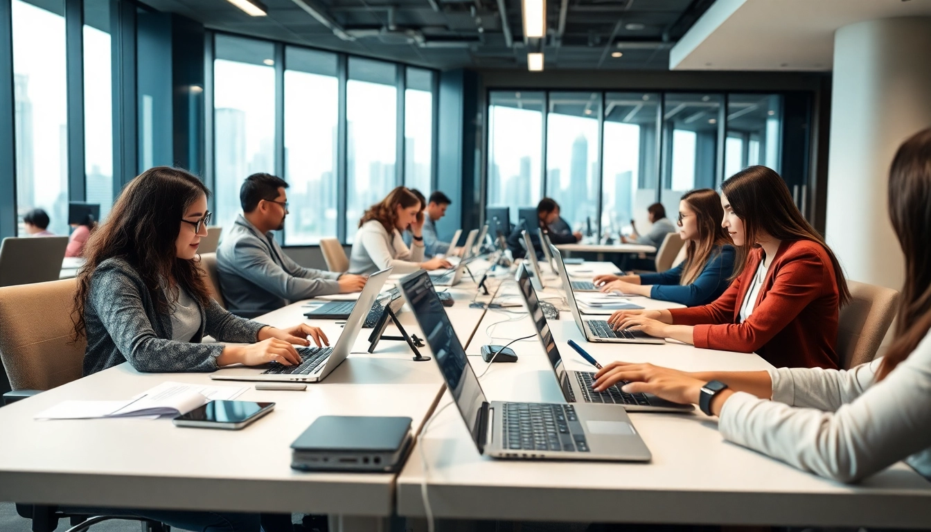 Enhance your productivity at a typing center with professionals utilizing modern devices.