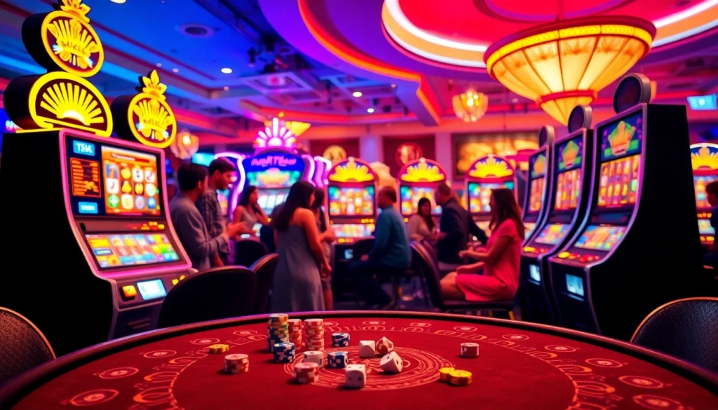 Rasakan sensasi bermain slot deposit pulsa tanpa potongan di mesin slot kasino yang berwarna-warni dan pemain yang antusias.