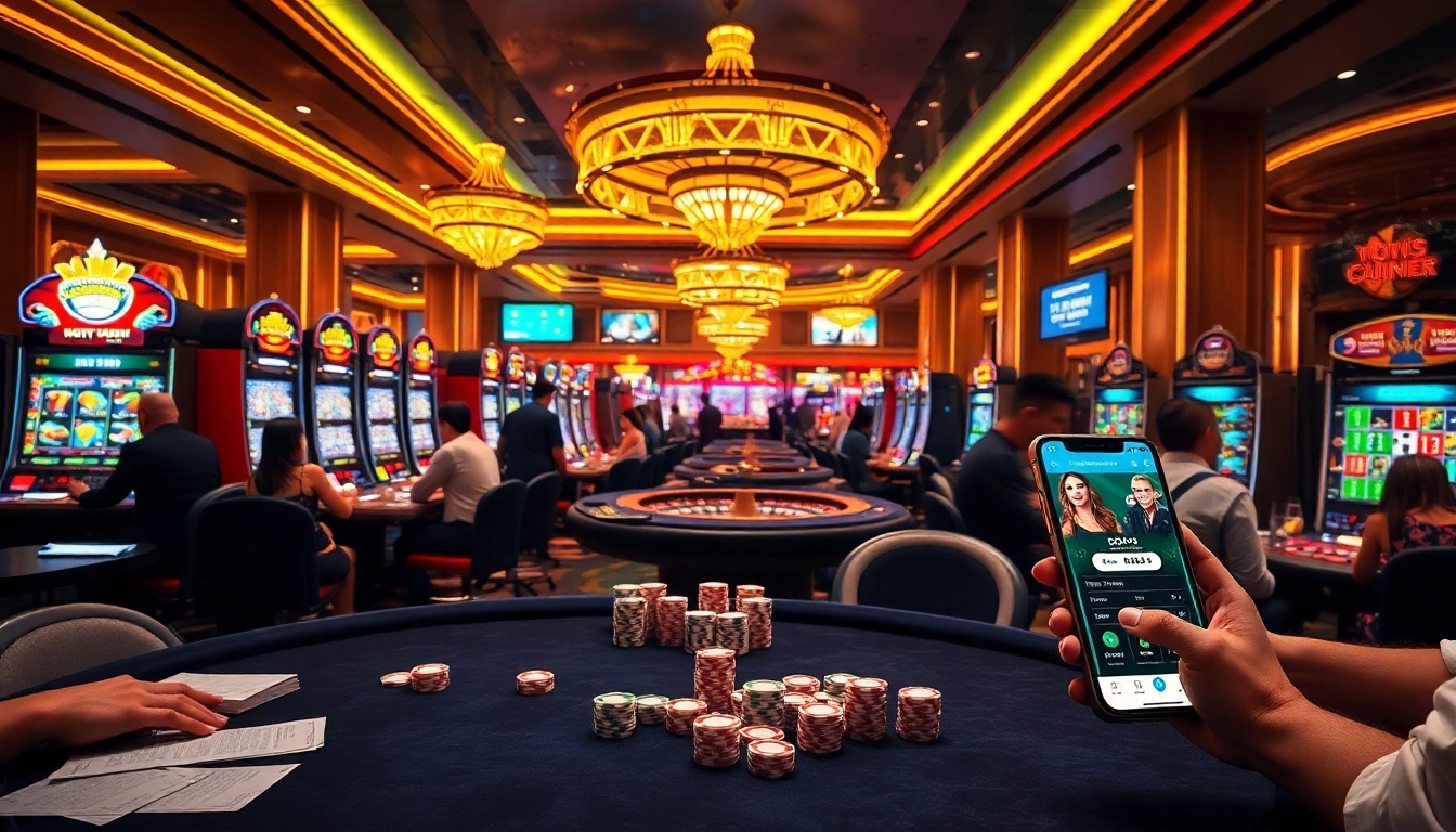 Pemain menikmati slot deposit pulsa tanpa potongan di kasino mewah dengan mesin slot yang berwarna-warni.