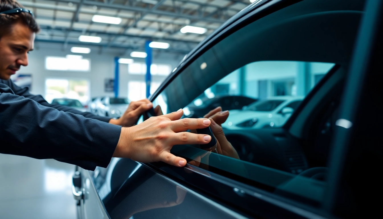 Apply auto window tint near me with professional technician in modern garage setting.