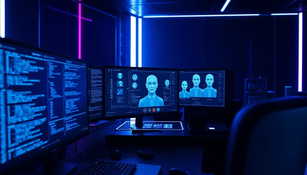 Advanced NSFW AI development workspace with holographic models and coding screens.