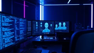 Advanced NSFW AI development workspace with holographic models and coding screens.