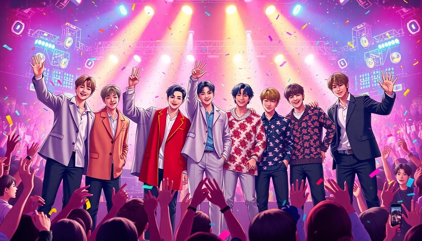 BTS members posing energetically at a concert, showcasing their individual styles and unity.