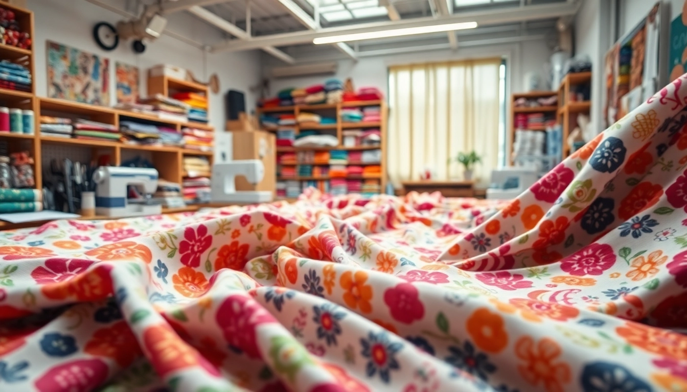 Bekijk de bedrukte katoenen stoffen in een drukke designstudio vol kleur en creativiteit.