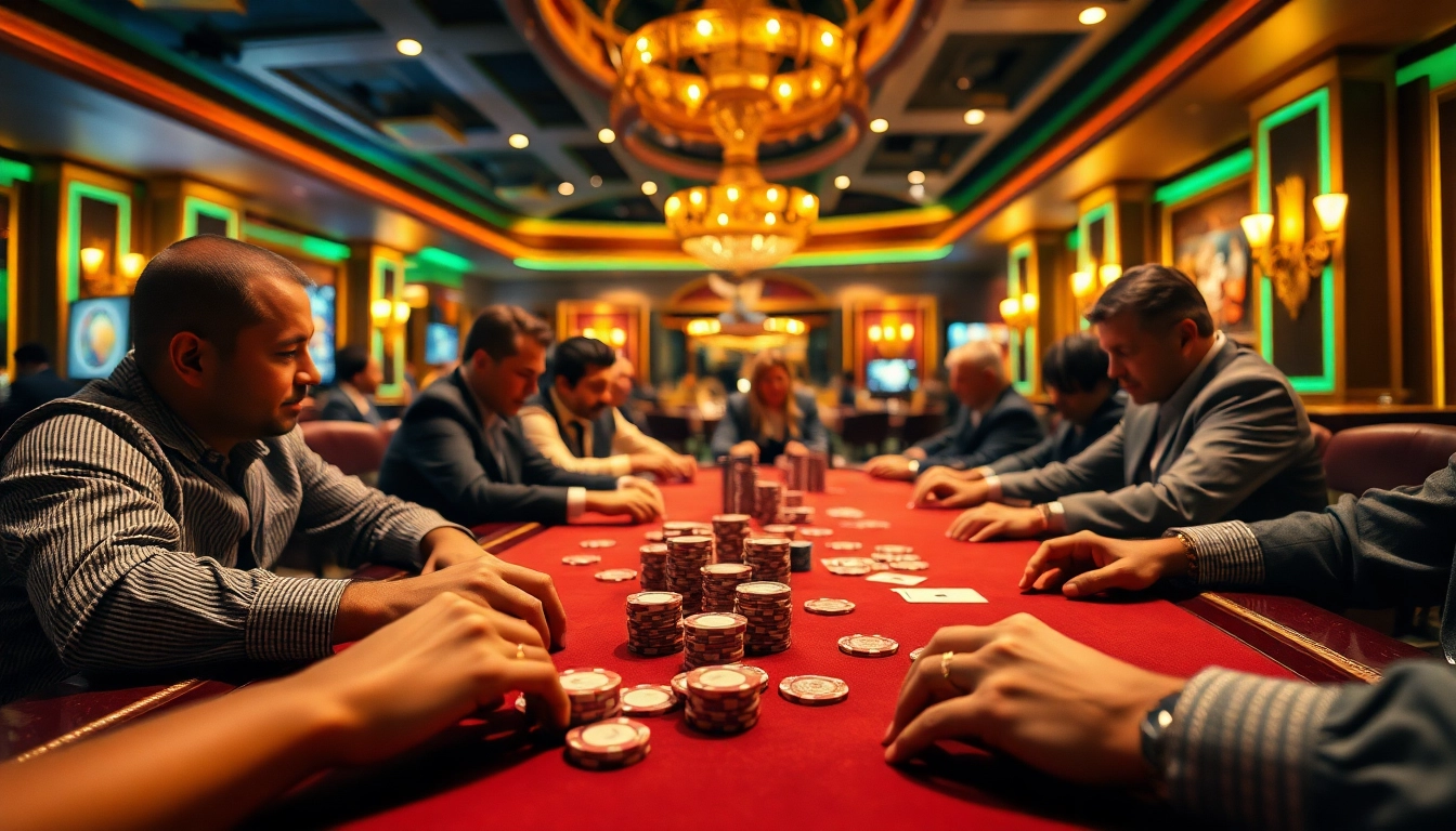 Permainan qq8821 dengan pemain terlibat dalam permainan kartu di meja poker yang mewah.