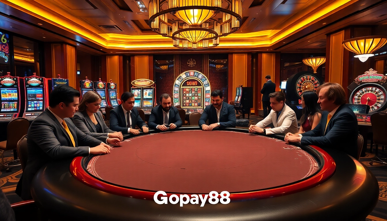 Experience Gopay88's premium gaming atmosphere with vibrant poker tables and slot machines.