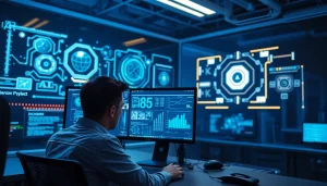 A cybersecurity AI engineer monitors advanced threat analytics in a modern lab environment.