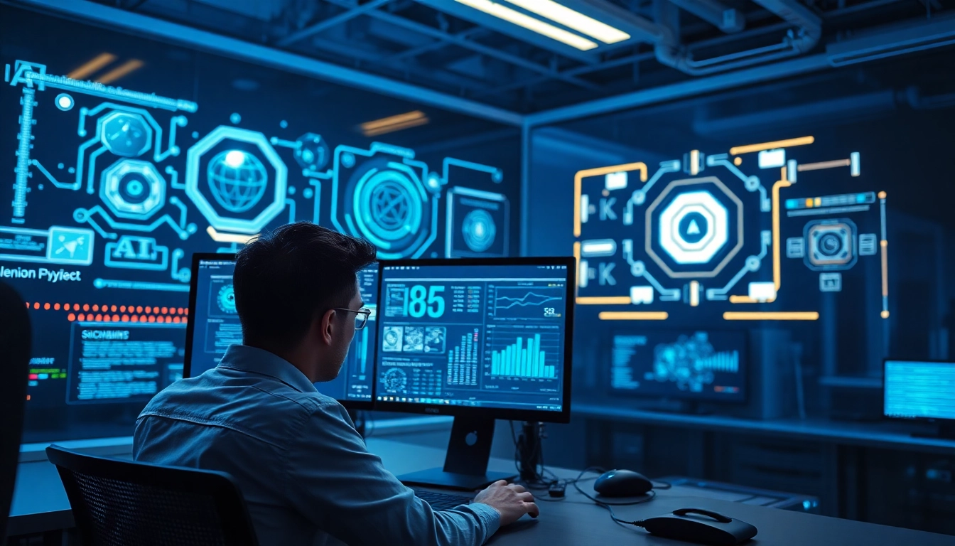 A cybersecurity AI engineer monitors advanced threat analytics in a modern lab environment.
