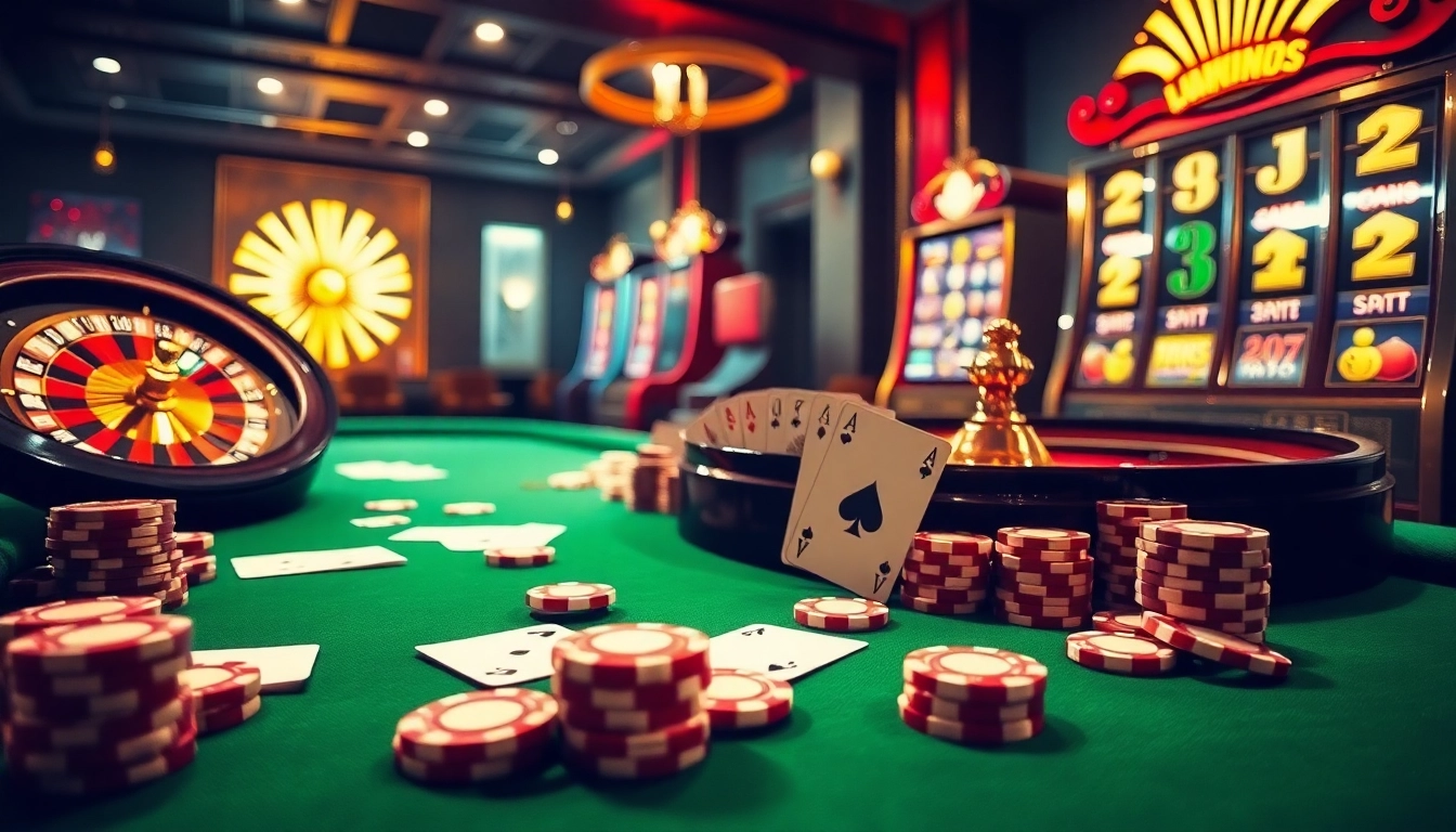 Experience excitement at rajatoto88 with a vibrant casino scene showcasing roulette and poker.