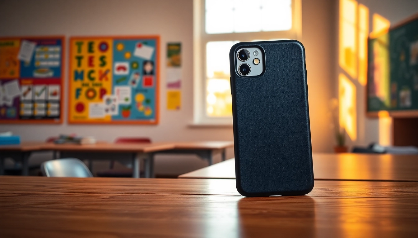 Handytasche Lehrer liegt auf einem Schreibtisch in einem hellen Klassenzimmer.