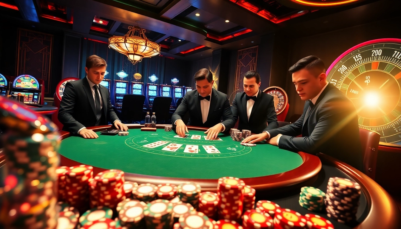 Players engaged in an exciting blackjack game at NK88 casino, showcasing vibrant poker chips and a roulette wheel.