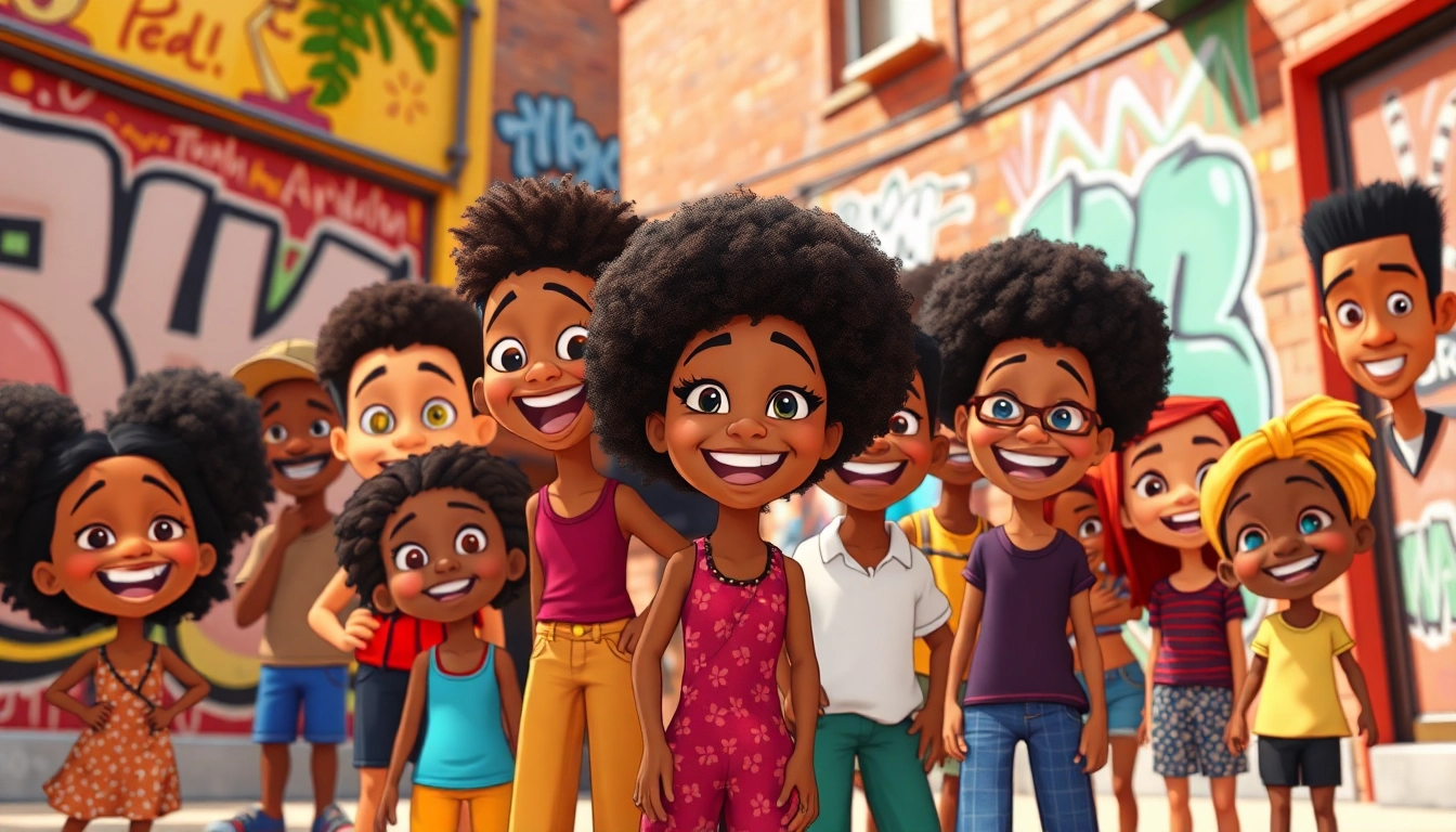 Diverse animated characters representing African American cartoons in a colorful urban setting.