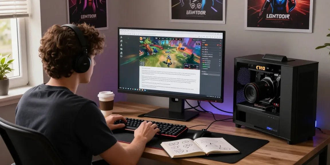Young gamer at desk writing about rokok88 login with gameplay on monitor.